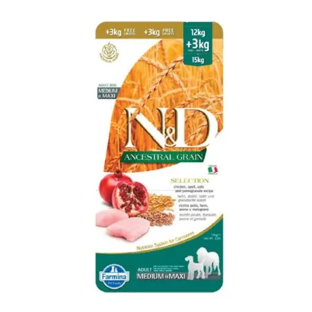 Farmina N&D dog AG SELECTION adult medium & maxi, chicken, spelt, oats & pomegranate 12 kg + 3 kg