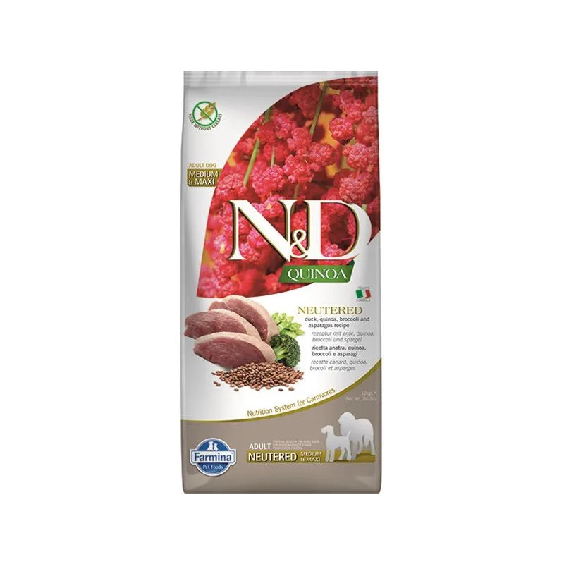 Farmina N&D dog QUINOA (GF) adult medium & maxi, neutered, duck, broccoli & asparagus 12 kg