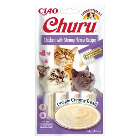 Pamlsok Inaba Churu Pyré cat Kura s krevetami 12 x 4 tuby 672 g