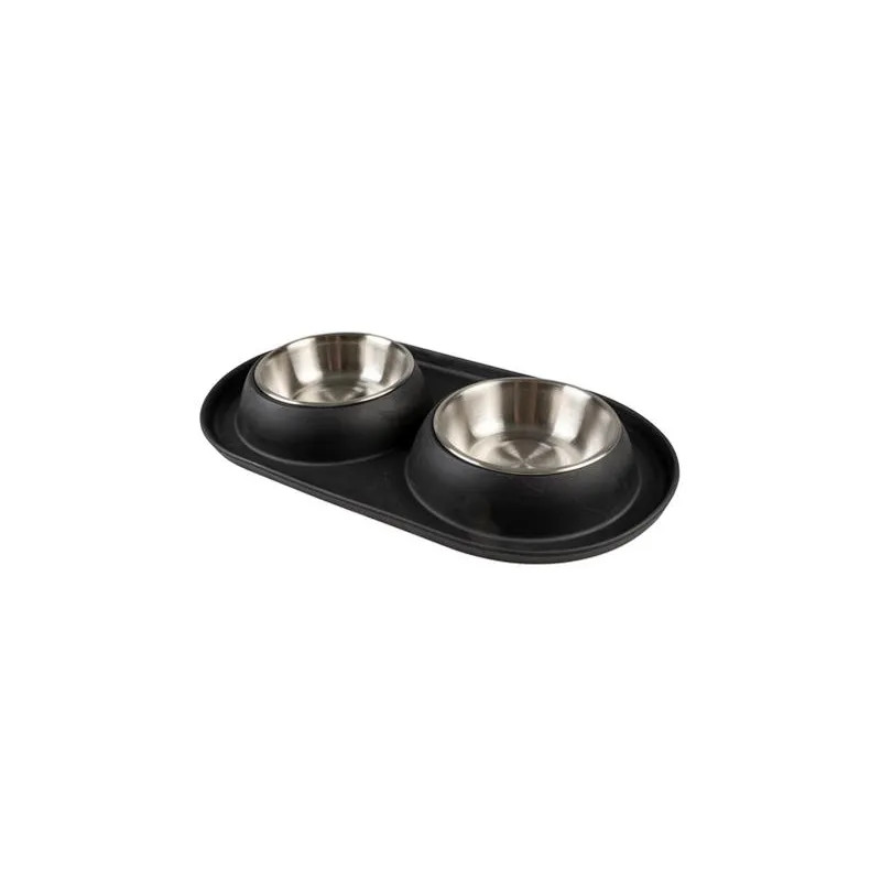 Miska DUVO+ Podložka s dvomi miskami nerez gumená čierna s priemerom 11,3 cm 2 x 220 ml