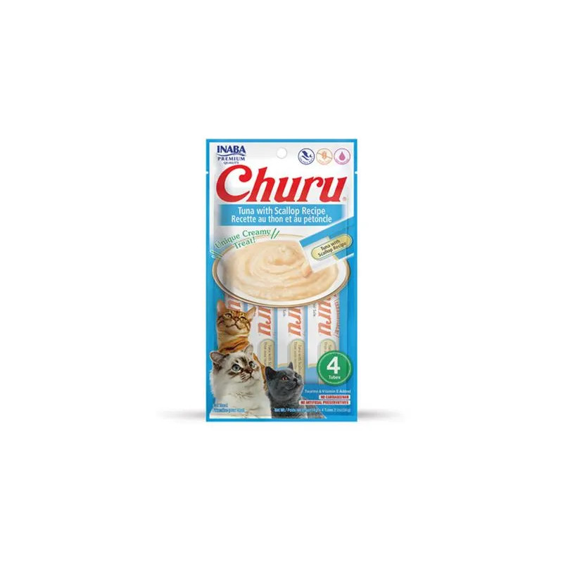 Pamlsok Inaba Churu Pyré cat Tuniak s hrebenatkou 4 tuby 56 g
