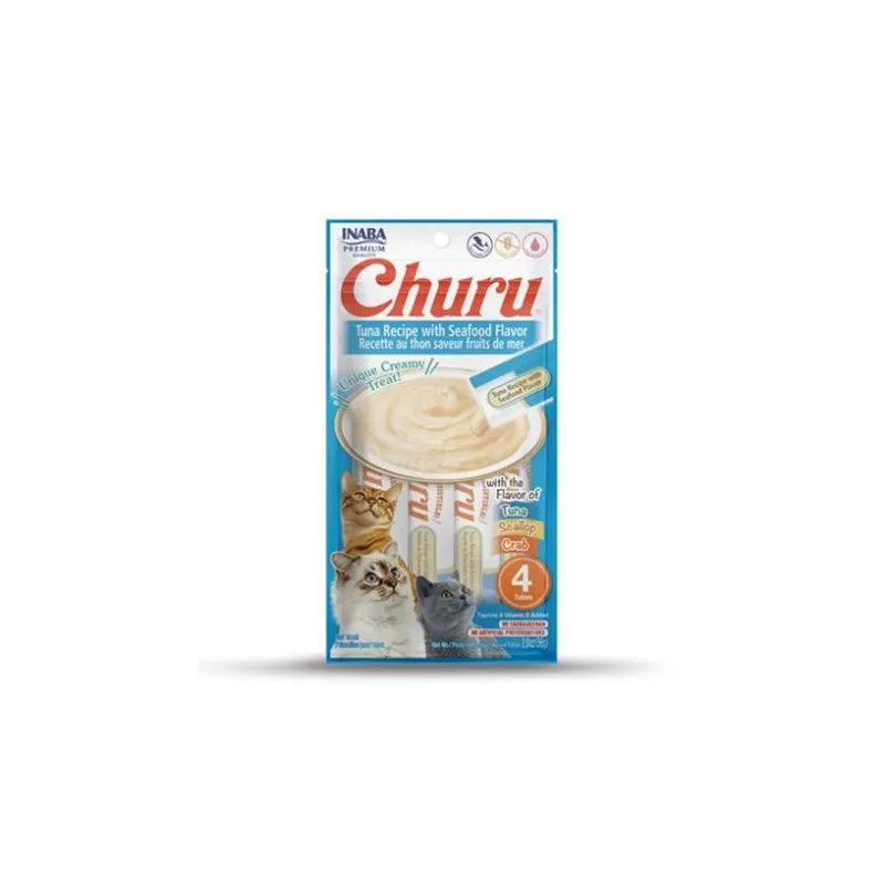Pamlsok Inaba Churu Pyré cat Tuniak s morskými plodmi 4 tuby 56 g