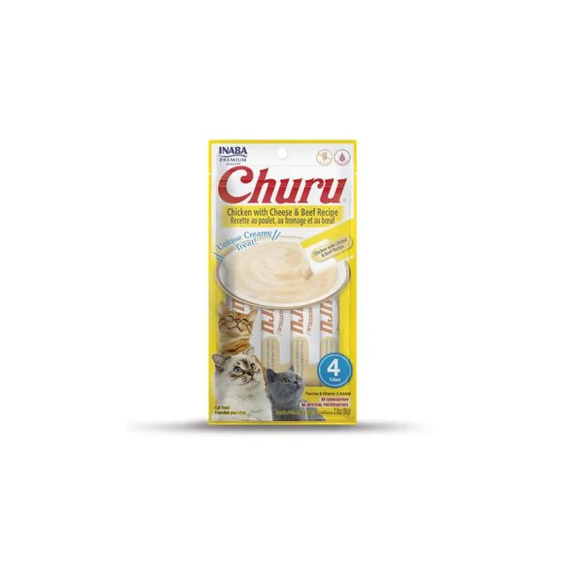 Pamlsok Inaba Churu Pyré cat Kura so syrom a hovädzím mäsom 4 tuby 56 g Pamlsok Inaba Churu Pyré cat Kura so syrom a hovädzím mäsom 4 tuby 56 g