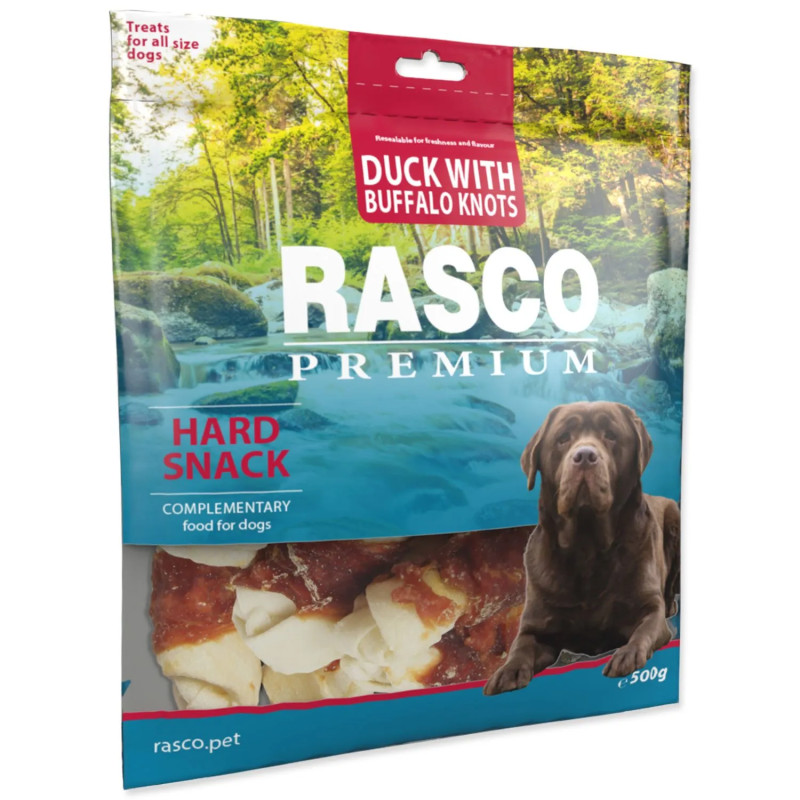Pochúťka Rasco Premium byvolia koža s kačacím mäsom, uzly 5cm 500g Pochúťka Rasco Premium byvolia koža s kačacím mäsom, uzly 5cm 500g