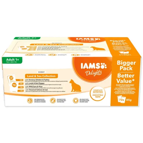 IAMS Delights kapsička morské a suchozem. mäso v omáčke multipack 72x85g
