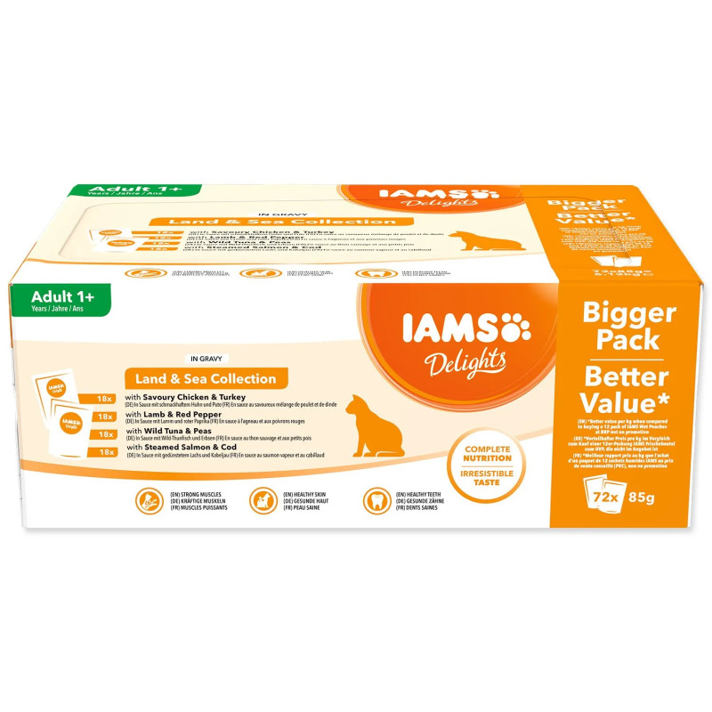 IAMS Delights kapsička morské a suchozem. mäso v omáčke multipack 72x85g
