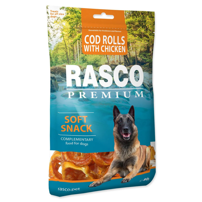 Pochúťka Rasco Premium treska obalená kuracím mäsom, rolky 80g