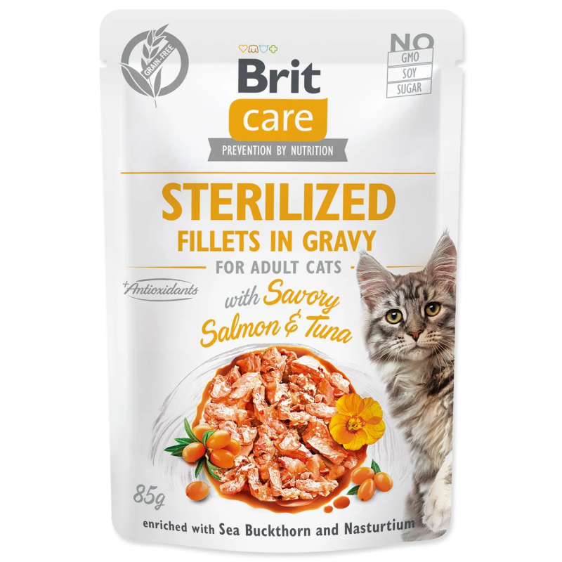 Kapsička Brit Care Cat Sterilized losos a tuniak, filety v omáčke 85g