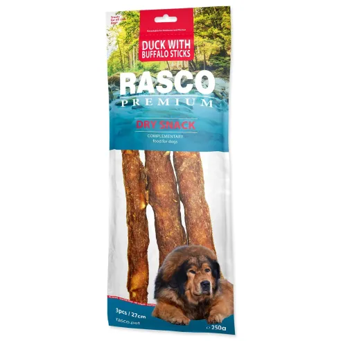 Pochúťka Rasco Premium byvolia koža obalená kačacím mäsom, tyčinky 3kusy 250g