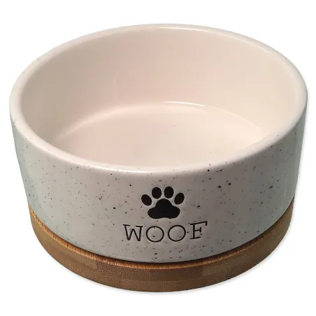 Miska Dog Fantasy keramická biela WOOF s podtáckou 13x5,5cm, 400ml