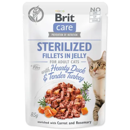 Kapsička Brit Care Cat Sterilized kačka a morka, filety v želé 85g