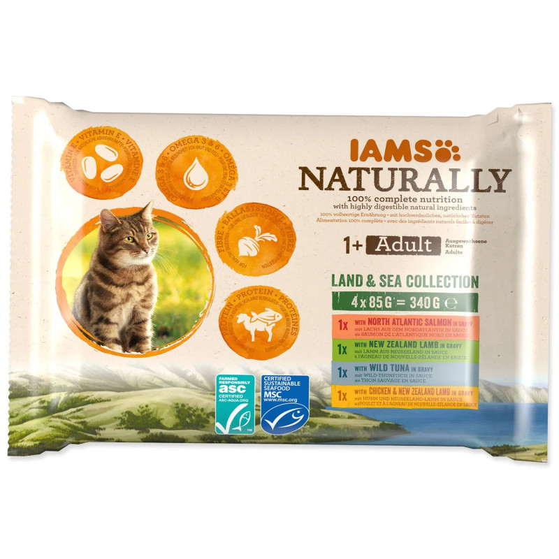 Kapsička IAMS Naturally Adult morské a suchozemské mäso v omáčke multipack 340g (4x85g) Kapsička IAMS Naturally Adult morské a suchozemské mäso v omáčke multipack 340g (4x85g)