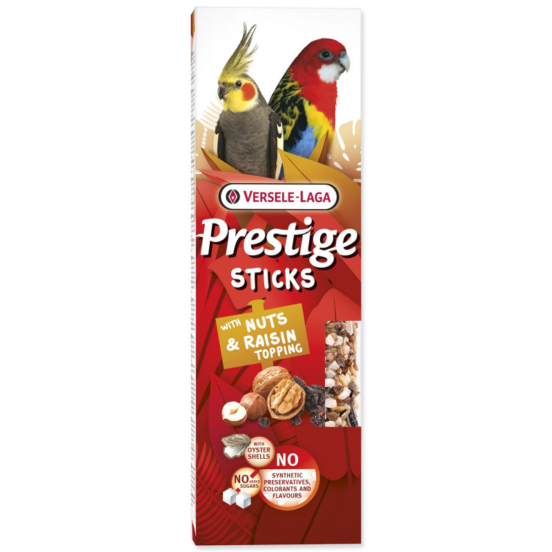 Tyčinky Versele-Laga Prestige veľký papagáj s orechami a hrozienkou polevou 140g 2ks Tyčinky Versele-Laga Prestige veľký papagáj s orechami a hrozienkou polevou 140g 2ks