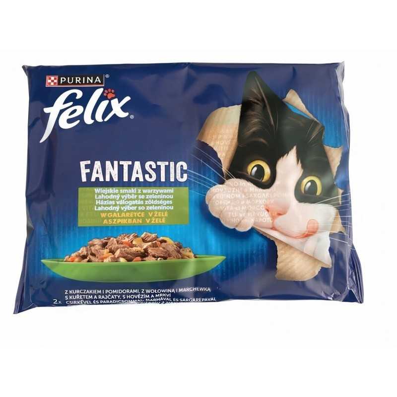 Nestlé FELIX Fantastic cat Multipack kura s rajčinami & hovädzie s mrkvou želé kapsička 4x85 g