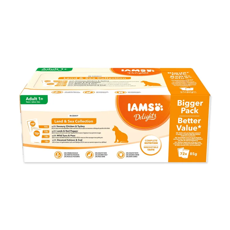 IAMS Delights kapsička morské a suchozem. mäso v omáčke multipack 72x85g